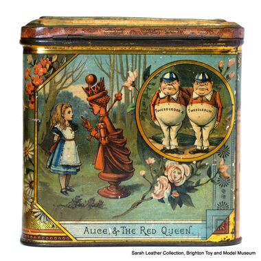 Alice Through the Looking-Glass biscuit tin, panel 4: "Alice and the Red Queen"