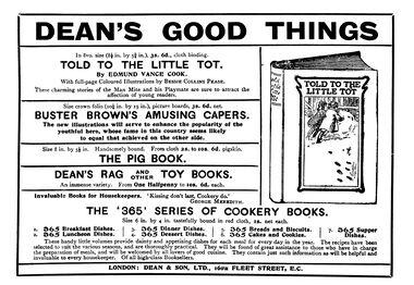 1908 advert for Dean & Son books, including the Dean's Rag (and other) Toy Books range