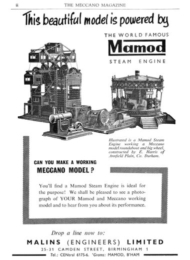 1960: "Can you make a working Meccano model? This beautiful model is powered by The world famous Mamod Steam Engine"