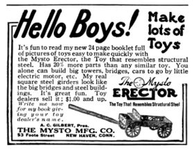 1913: "Hello Boys!" – an early advert for Gilbert's Erector Outfits, still badged as a "Mysto" product (Mysto being Gilbert's brandname for its magic sets business