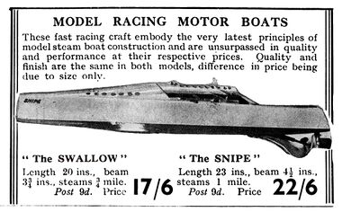 1932: Gamages catalogue entry, Bowman Snipe speedboat