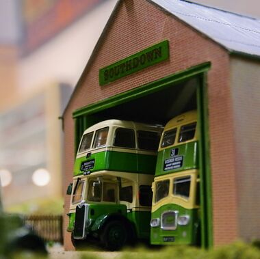 A model of a Southdown Buses "dormy" bus shed on the museum's East Sussex Countryside 00-gauge model railway layout, based on the example at Amberley (Brian Bennett)